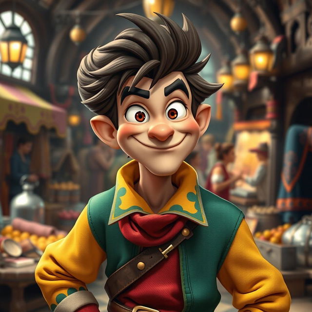 A mischievous and playful character with a sly smile, wearing vibrant and colorful clothing