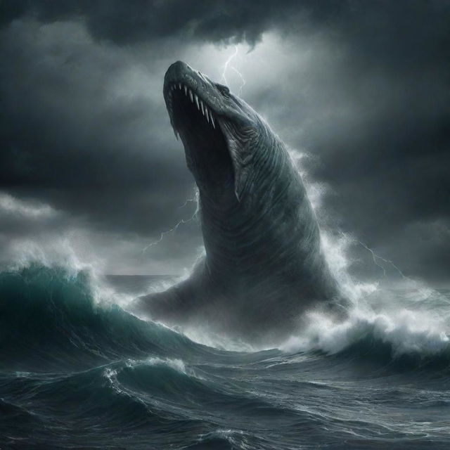 An imposing, mythical sea monster known as the Leviathan, surfacing amidst stormy seas, with dark clouds swirling overhead, its massive form glinting under flashes of lightning.