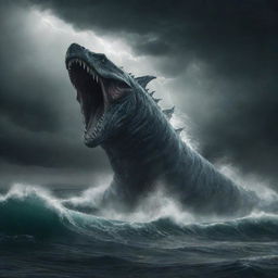 An imposing, mythical sea monster known as the Leviathan, surfacing amidst stormy seas, with dark clouds swirling overhead, its massive form glinting under flashes of lightning.