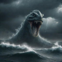 An imposing, mythical sea monster known as the Leviathan, surfacing amidst stormy seas, with dark clouds swirling overhead, its massive form glinting under flashes of lightning.