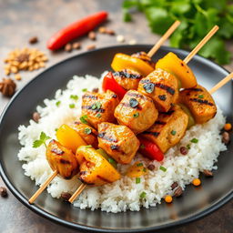 A high-definition image of delicious grilled chicken skewers served on a bed of fluffy white rice