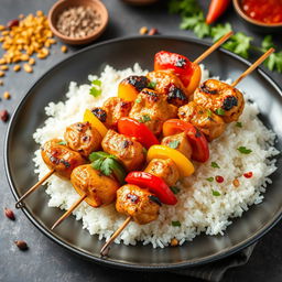 A high-definition image of delicious grilled chicken skewers served on a bed of fluffy white rice