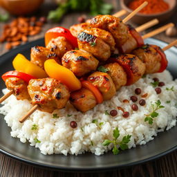 A high-definition image of delicious grilled chicken skewers served on a bed of fluffy white rice