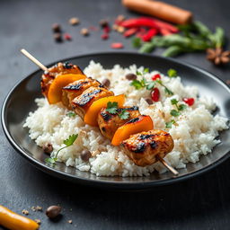 A high-definition image of delicious grilled chicken skewers served on a bed of fluffy white rice