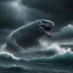 An imposing, mythical sea monster known as the Leviathan, surfacing amidst stormy seas, with dark clouds swirling overhead, its massive form glinting under flashes of lightning.