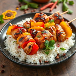 A high-definition image of delicious grilled chicken skewers served on a bed of fluffy white rice