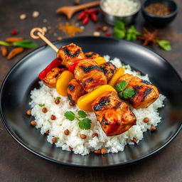 A high-definition image of delicious grilled chicken skewers served on a bed of fluffy white rice