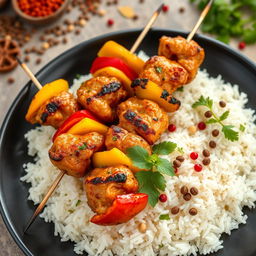 A high-definition image of delicious grilled chicken skewers served on a bed of fluffy white rice