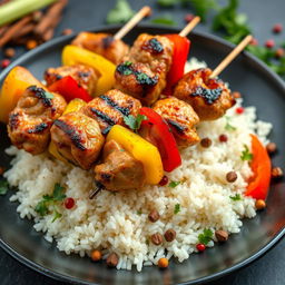 A high-definition image of delicious grilled chicken skewers served on a bed of fluffy white rice