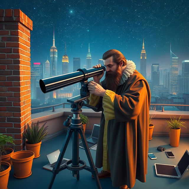 Galileo Galilei, depicted with historically accurate attire such as a robe and ruff, is intently using a modern telescope on a vibrant urban rooftop