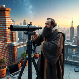 Galileo Galilei, depicted with historically accurate attire such as a robe and ruff, is intently using a modern telescope on a vibrant urban rooftop