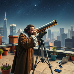 Galileo Galilei, depicted with historically accurate attire such as a robe and ruff, is intently using a modern telescope on a vibrant urban rooftop