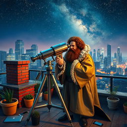 Galileo Galilei, depicted with historically accurate attire such as a robe and ruff, is intently using a modern telescope on a vibrant urban rooftop