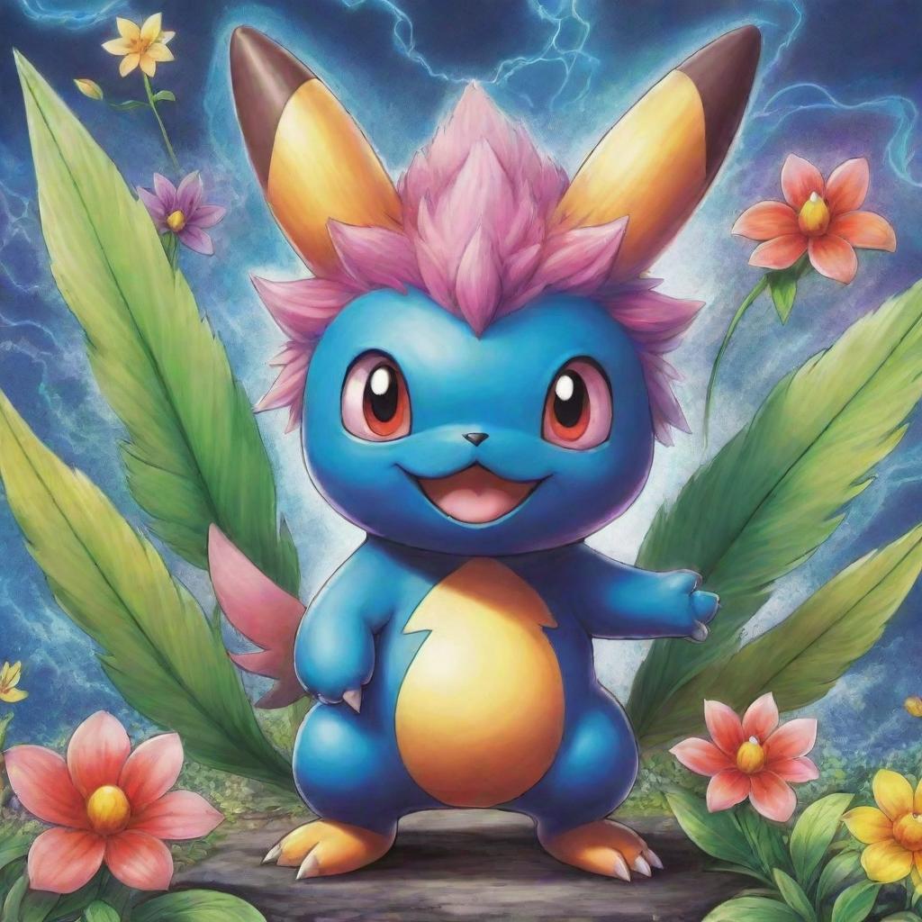 Draw a detailed and vibrant illustration of a Pokemon named Florashock, filled with color and full of energy.