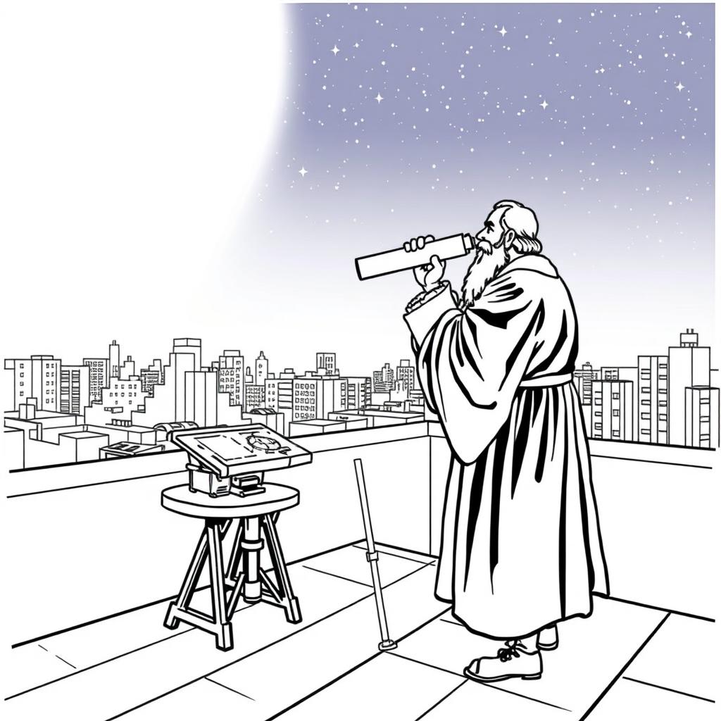 Galileo Galilei on an urban rooftop, peering through a sleek, modern telescope