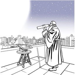 Galileo Galilei on an urban rooftop, peering through a sleek, modern telescope