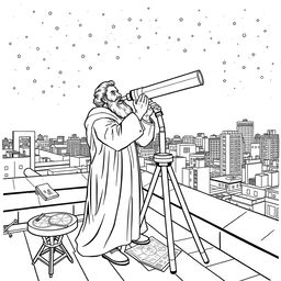 Galileo Galilei on an urban rooftop, peering through a sleek, modern telescope