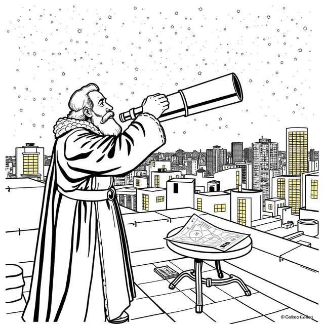 Galileo Galilei on an urban rooftop, peering through a sleek, modern telescope