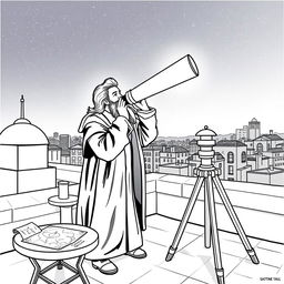 Galileo Galilei on an urban rooftop, peering through a sleek, modern telescope