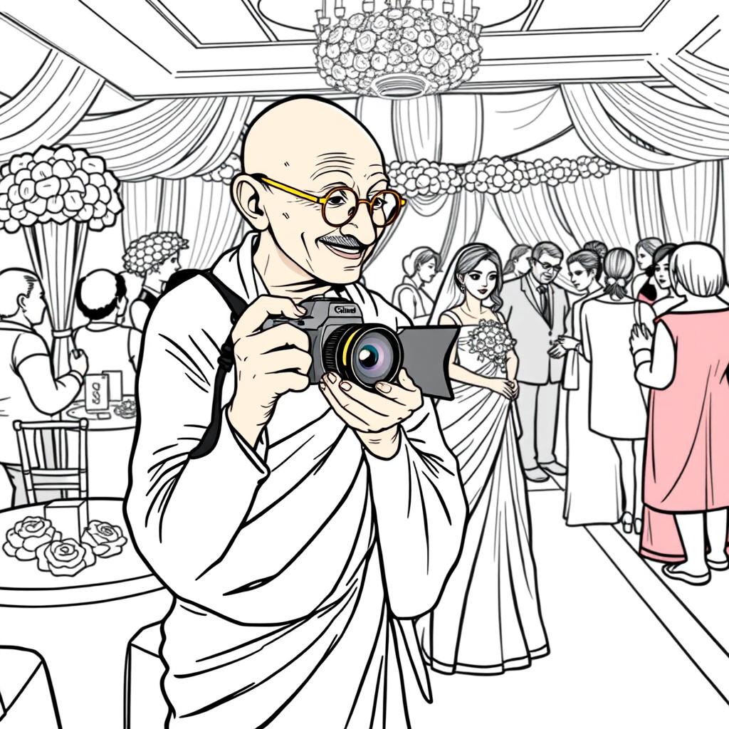 Mahatma Gandhi as a wedding photographer in a modern setting