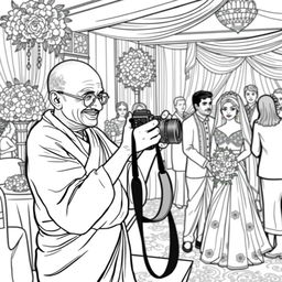 Mahatma Gandhi as a wedding photographer in a modern setting