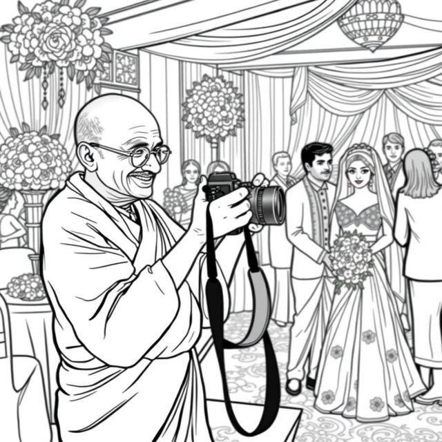 Mahatma Gandhi as a wedding photographer in a modern setting