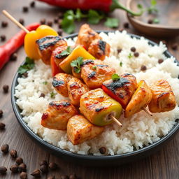 A high-definition image of grilled chicken skewers placed on a bed of fluffy white rice