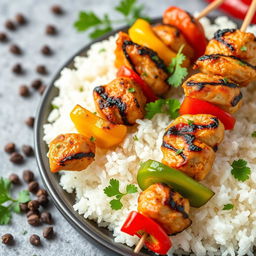 A high-definition image of grilled chicken skewers placed on a bed of fluffy white rice