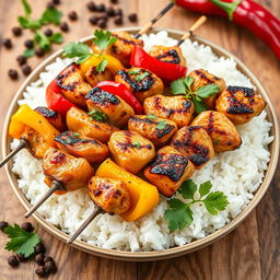 A high-definition image of grilled chicken skewers placed on a bed of fluffy white rice