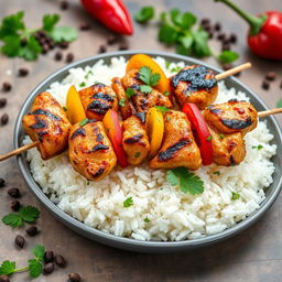 A high-definition image of grilled chicken skewers placed on a bed of fluffy white rice