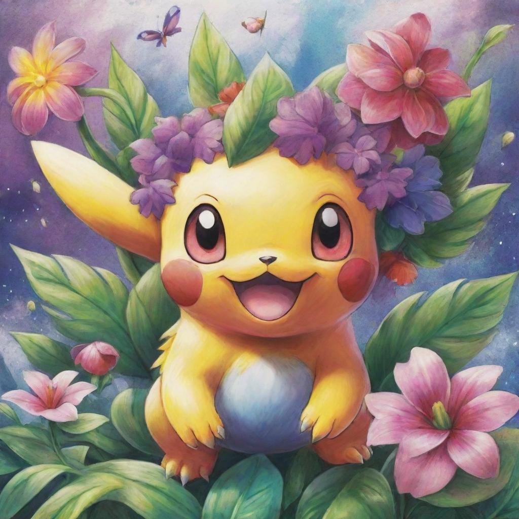 Draw a detailed and vibrant illustration of a Pokemon named Florashock, filled with color and full of energy.