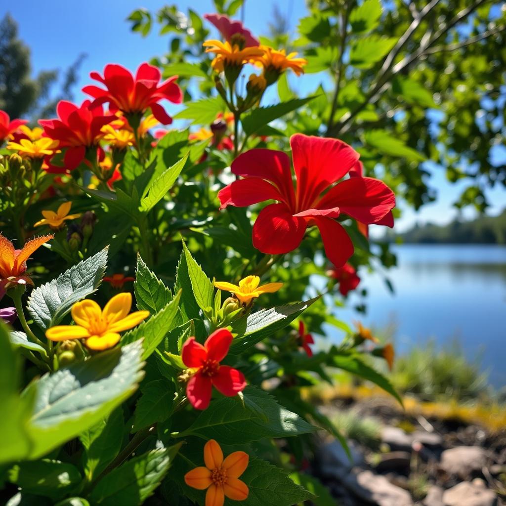 A high-definition image showcasing the vibrant colors of nature with a close-up of a natural scene, lush green foliage contrasting with brightly colored flowers in shades of red, yellow, and purple