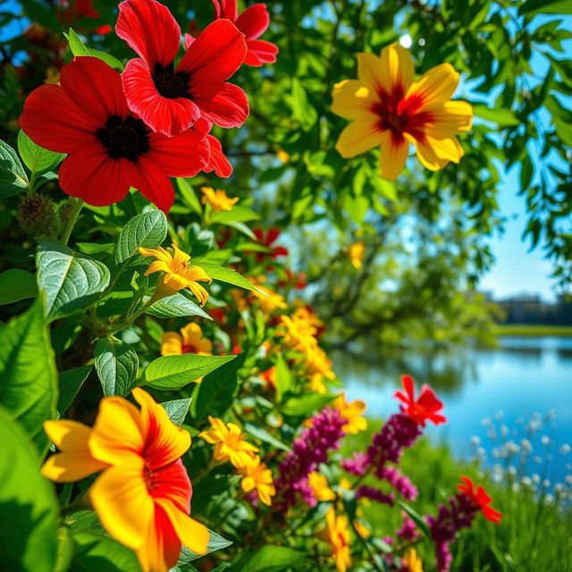 A high-definition image showcasing the vibrant colors of nature with a close-up of a natural scene, lush green foliage contrasting with brightly colored flowers in shades of red, yellow, and purple