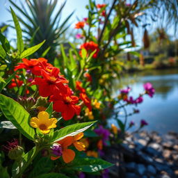 A high-definition image showcasing the vibrant colors of nature with a close-up of a natural scene, lush green foliage contrasting with brightly colored flowers in shades of red, yellow, and purple