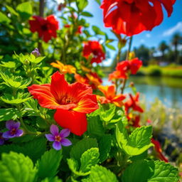 A high-definition image showcasing the vibrant colors of nature with a close-up of a natural scene, lush green foliage contrasting with brightly colored flowers in shades of red, yellow, and purple