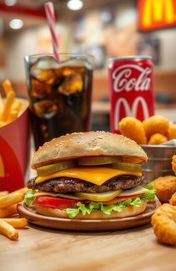 A delicious array of McDonald's food items including crispy french fries, a juicy Big Mac with layers of freshly grilled beef patties, lettuce, cheese, pickles, and onions, a refreshing cola with ice cubes, and a side of golden chicken nuggets