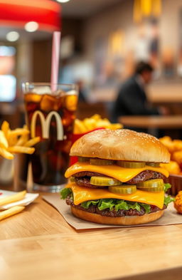 A delicious array of McDonald's food items including crispy french fries, a juicy Big Mac with layers of freshly grilled beef patties, lettuce, cheese, pickles, and onions, a refreshing cola with ice cubes, and a side of golden chicken nuggets