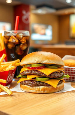 A delicious array of McDonald's food items including crispy french fries, a juicy Big Mac with layers of freshly grilled beef patties, lettuce, cheese, pickles, and onions, a refreshing cola with ice cubes, and a side of golden chicken nuggets