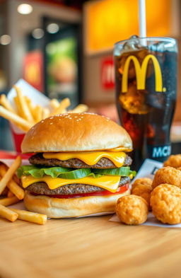 A delicious array of McDonald's food items including crispy french fries, a juicy Big Mac with layers of freshly grilled beef patties, lettuce, cheese, pickles, and onions, a refreshing cola with ice cubes, and a side of golden chicken nuggets