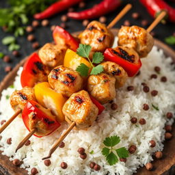 A high-definition, close-up image of grilled chicken skewers arranged on a bed of steamed white rice