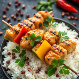 A high-definition, close-up image of grilled chicken skewers arranged on a bed of steamed white rice