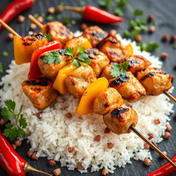 A high-definition, close-up image of grilled chicken skewers arranged on a bed of steamed white rice