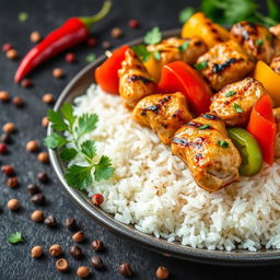 A high-definition, close-up image of grilled chicken skewers arranged on a bed of steamed white rice