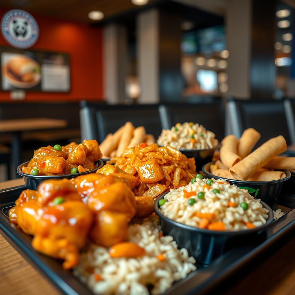 A vibrant selection of Panda Express food items served on a stylish black tray