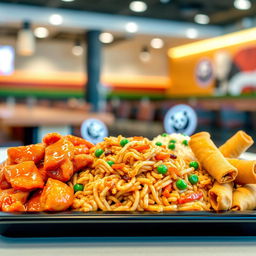 A vibrant selection of Panda Express food items served on a stylish black tray