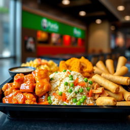 A vibrant selection of Panda Express food items served on a stylish black tray