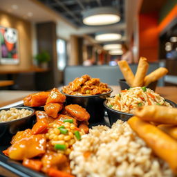 A vibrant selection of Panda Express food items served on a stylish black tray