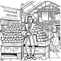 Isaac Newton depicted at a bustling modern market, selling a variety of apples