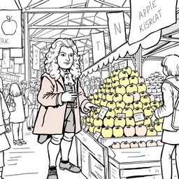 Isaac Newton depicted at a bustling modern market, selling a variety of apples