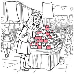 Isaac Newton depicted at a bustling modern market, selling a variety of apples